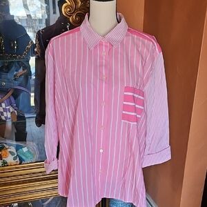 LOFT Pink and White Striped Button-Down Shirt